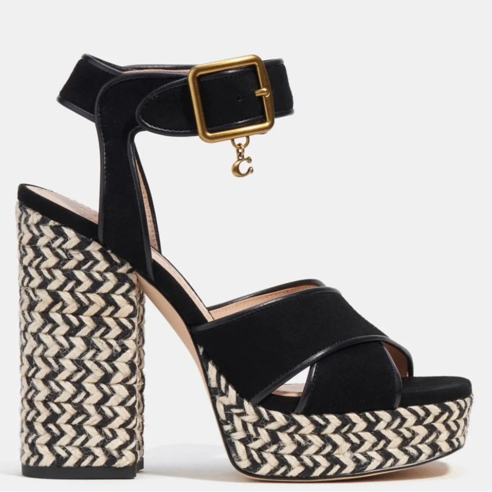 GUWOB Coach Black Suede Platform Sandals with Woven Rope Heel